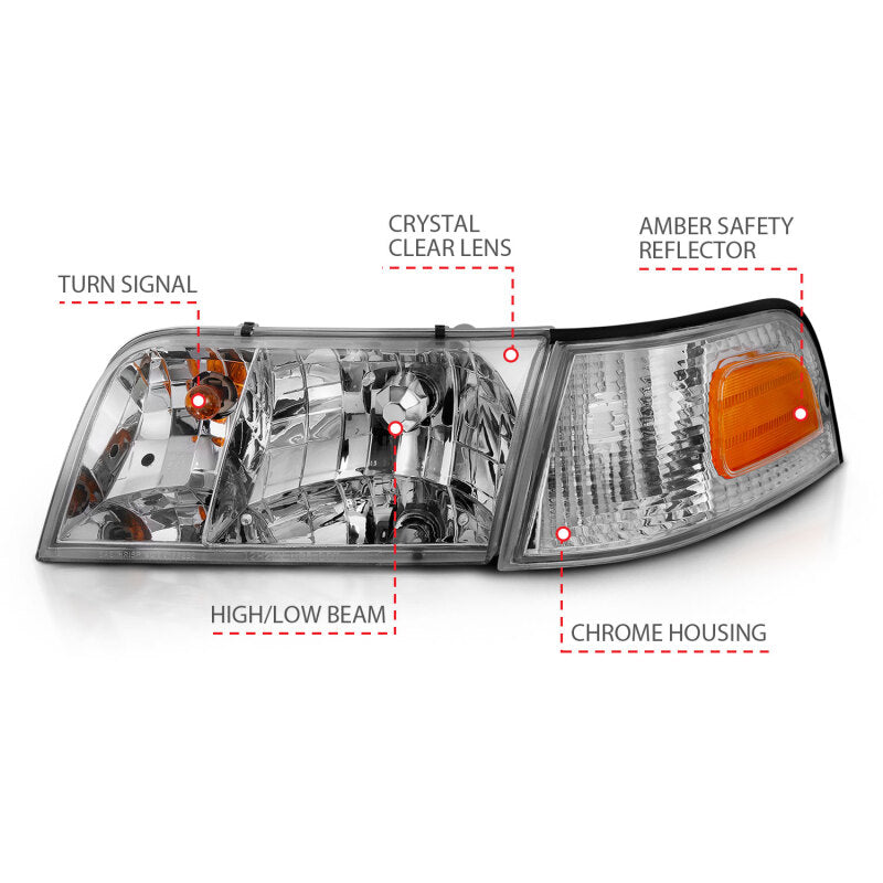 ANZO 1998-2005 Ford Crown Victoria Crystal Headlight Chrome With Bumper Light (OE) ANZO Headlights AXOPROS