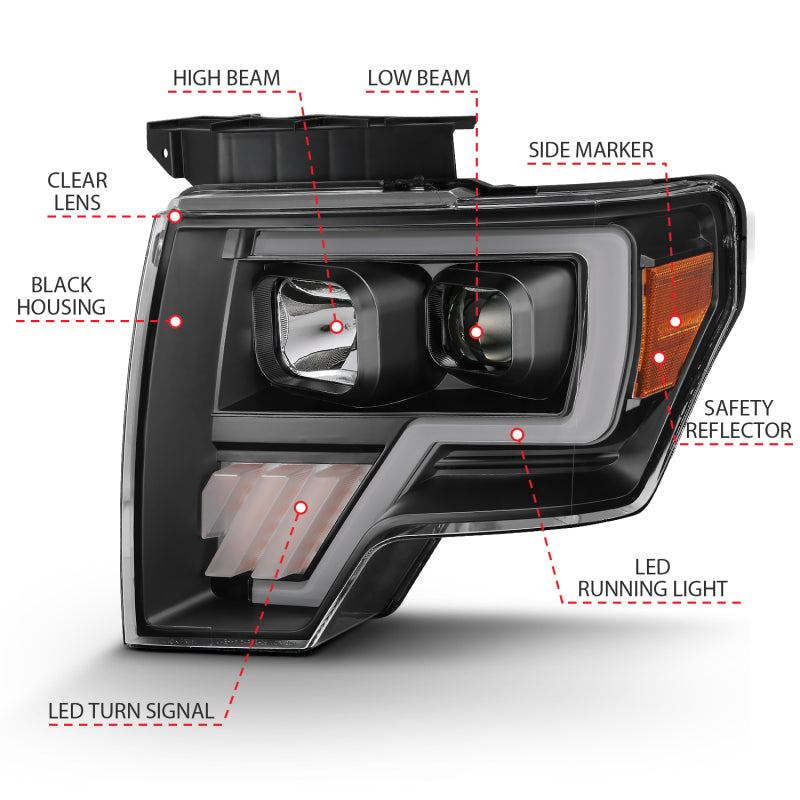 ANZO 2009-2014 Ford F-150 Projector Light Bar G4 H.L. Black Amber ANZO Headlights AXOPROS
