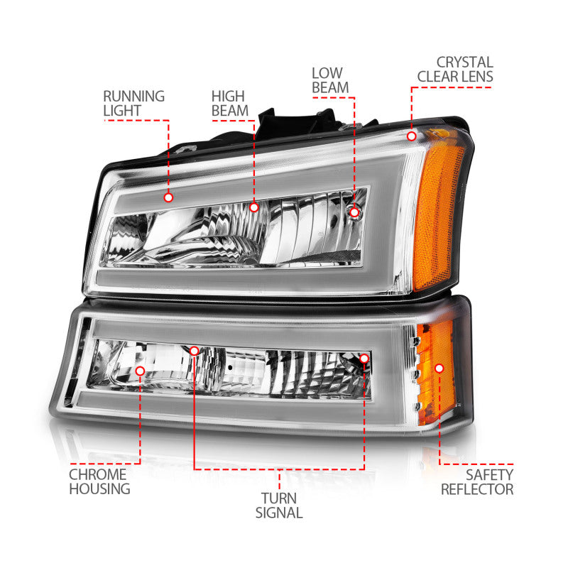 ANZO 2003-2006 Chevrolet Silverado 1500 Crystal Headlights w/ Light Bar Chrome Housing ANZO Headlights AXOPROS