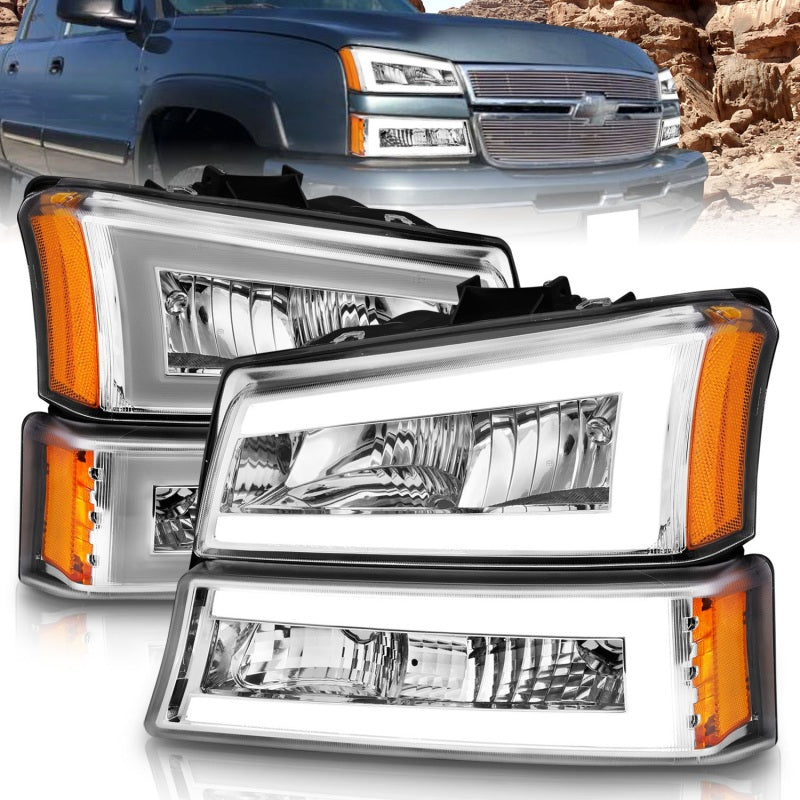 ANZO 2003-2006 Chevrolet Silverado 1500 Crystal Headlights w/ Light Bar Chrome Housing ANZO Headlights AXOPROS