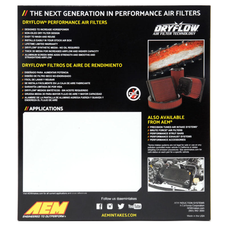 AEM 10-18 Lexus RX350 V6-3.5L F/I DryFlow Air Filter AEM Induction Air Filters - Drop In AXOPROS