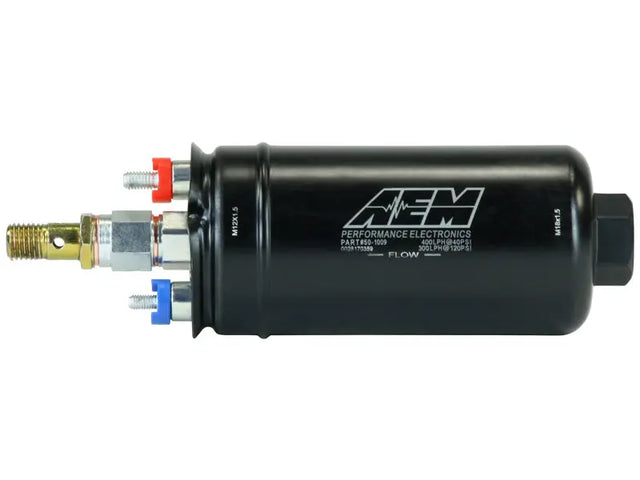 AEM 400LPH High Pressure Inline Fuel Pump - M18x1.5 Female Inlet to M12x1.5 Male Outlet AEM Fuel Pumps  AXOPROS