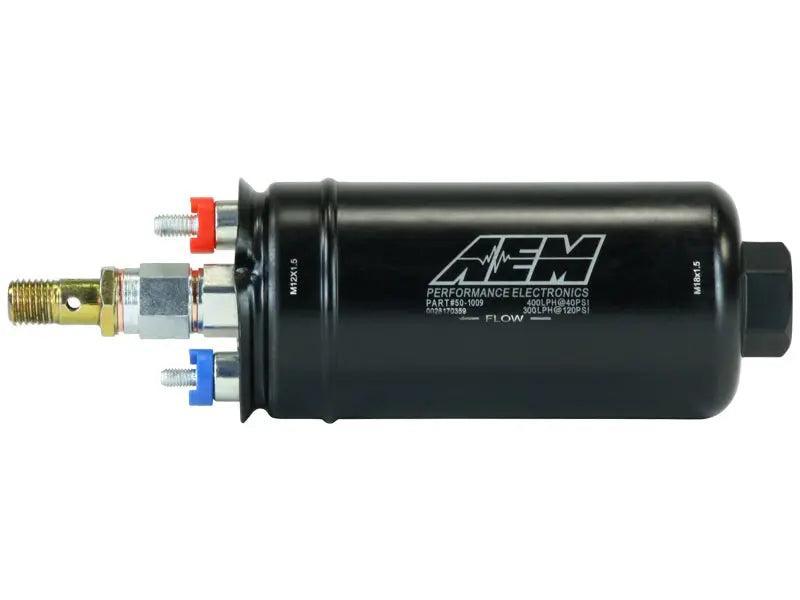 AEM 400LPH High Pressure Inline Fuel Pump - M18x1.5 Female Inlet to M12x1.5 Male Outlet AEM Fuel Pumps AXOPROS