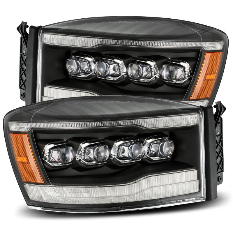 AlphaRex 06-08 Dodge Ram 1500HD NOVA LED ProjHeadlights Plank Style Blk w/Seq Signal/DRL/Amber LED AlphaRex Headlights AXOPROS