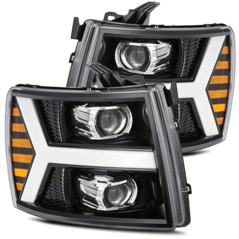 AlphaRex 07-13 Chevy 1500 LUXX LED Proj Headlights Plank Style Jet Blk w/ Activ Light/Seq Signal/DRL AlphaRex Headlights AXOPROS