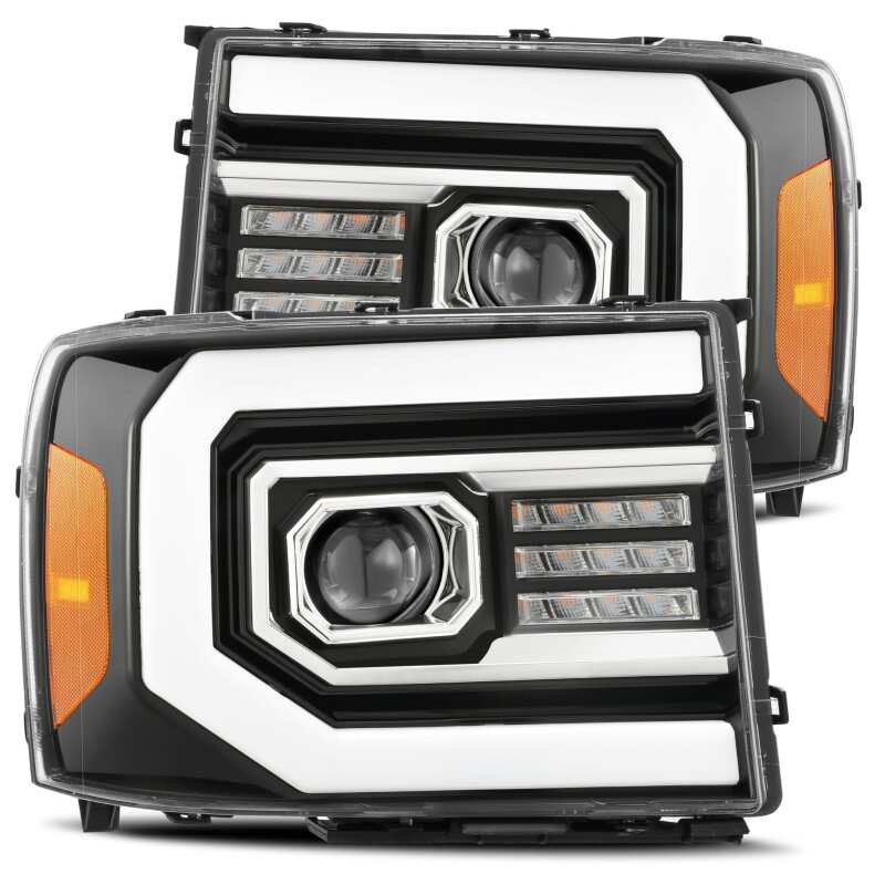AlphaRex 07-13 GMC Sierra 1500 (No Clsc) LUXX-Series LED Proj HL Jet Blk w/Actv Lgt & Seq.Sig / DRL AlphaRex Headlights AXOPROS
