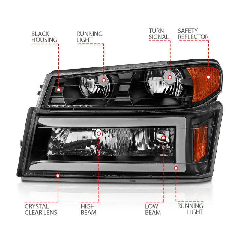 ANZO 04-12 GM Colorado/Canyon/I-Series Crystal Headlights - w/ Light Bar Black Housing 4pcs ANZO Headlights AXOPROS