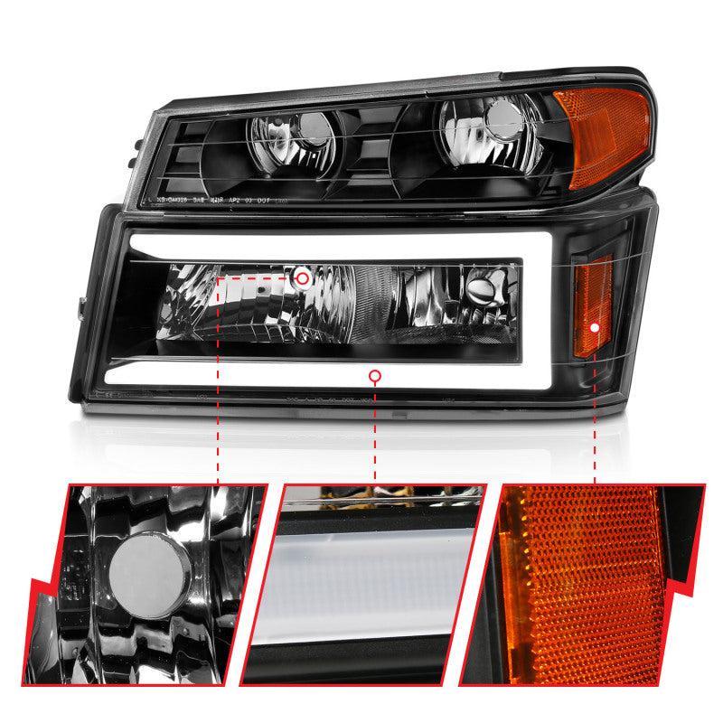 ANZO 04-12 GM Colorado/Canyon/I-Series Crystal Headlights - w/ Light Bar Black Housing 4pcs ANZO Headlights AXOPROS
