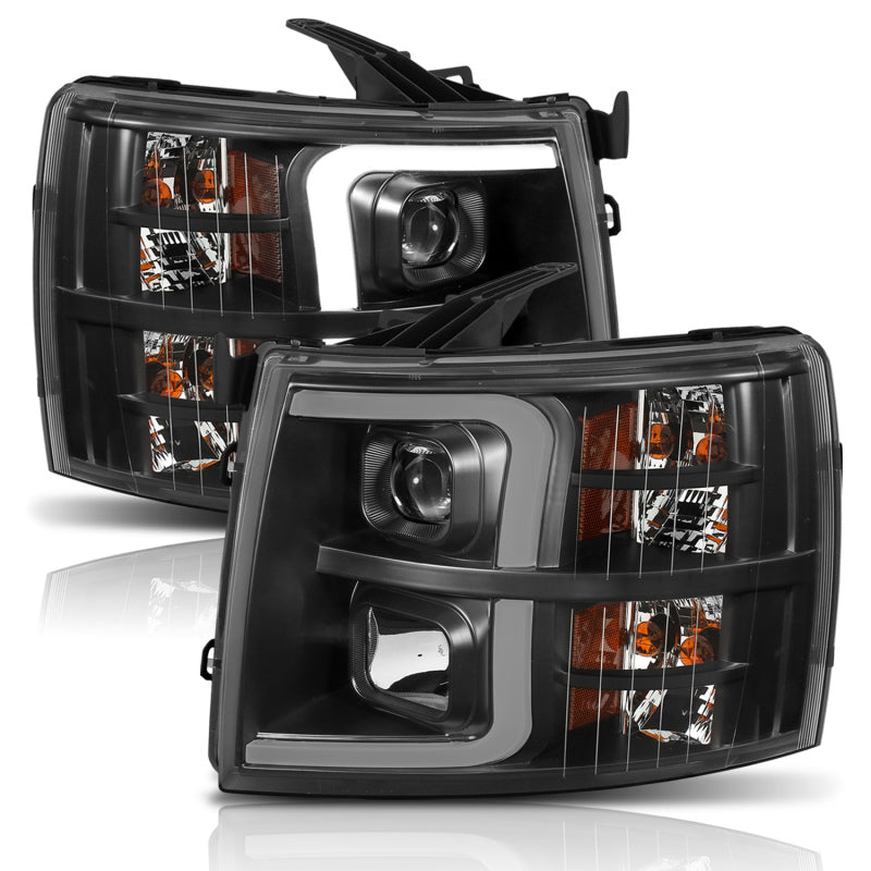 ANZO 07-13 Chevrolet Silverado 1500 Plank Style Projector Headlights Black w/ Amber ANZO Headlights  AXOPROS