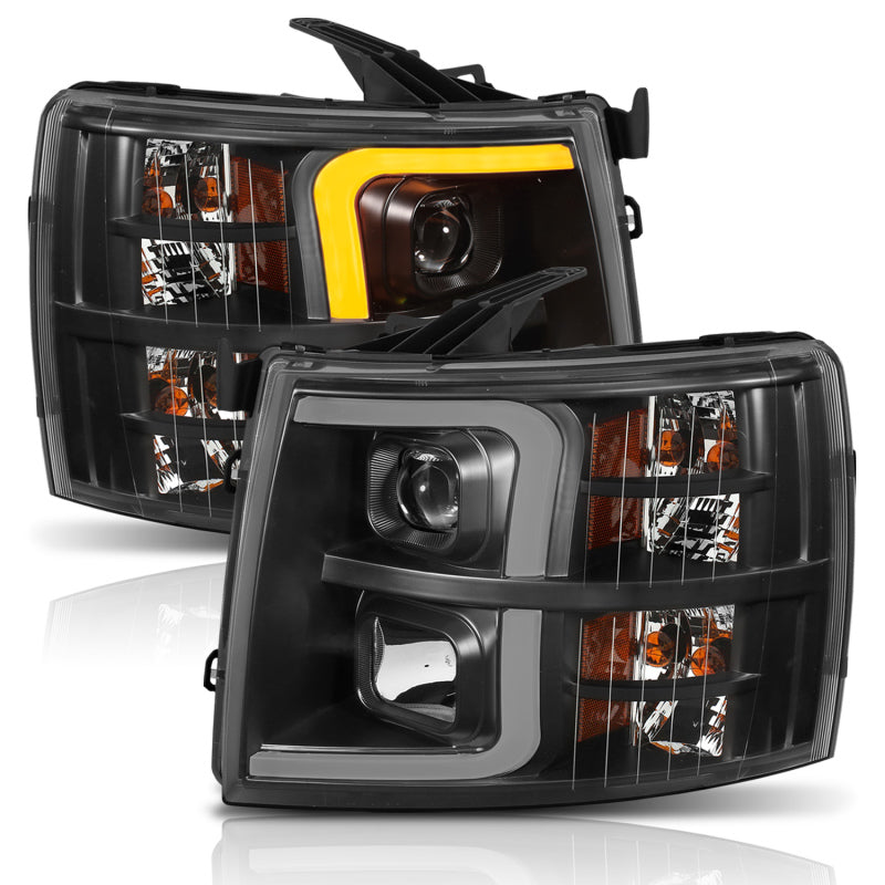 ANZO 07-13 Chevrolet Silverado 1500 Plank Style Projector Headlights Black w/ Amber ANZO Headlights  AXOPROS