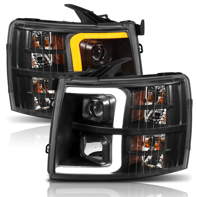 ANZO 07-13 Chevrolet Silverado 1500 Plank Style Projector Headlights Black w/ Amber ANZO Headlights  AXOPROS