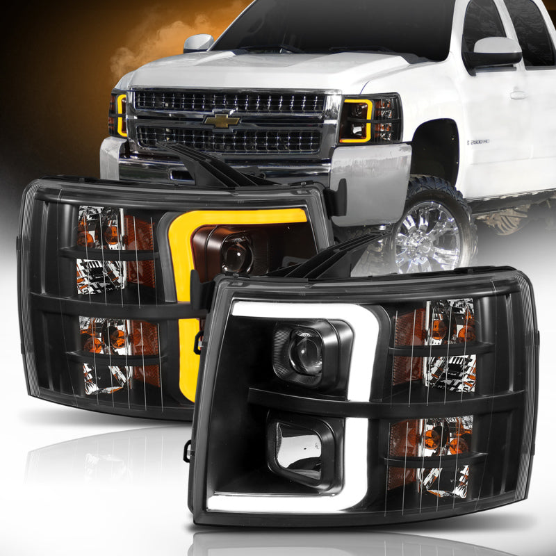 ANZO 07-13 Chevrolet Silverado 1500 Plank Style Projector Headlights Black w/ Amber ANZO Headlights  AXOPROS