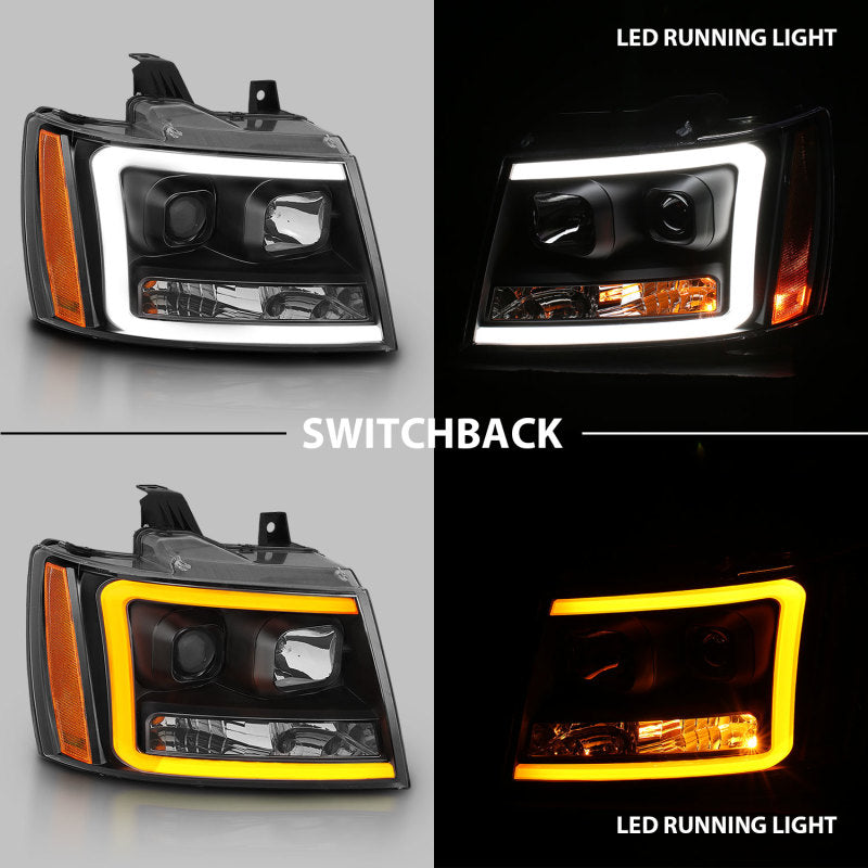 ANZO 07-14 Chevy Tahoe Projector Headlights w/ Plank Style Design Black w/ Amber ANZO Headlights AXOPROS