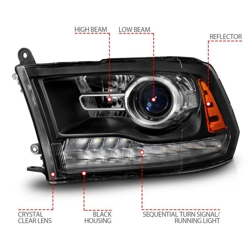 ANZO 09-18 Dodge Ram 1500/2500/3500 LED Plank Style Headlights Switchback + Sequential - Matte Black ANZO Headlights AXOPROS