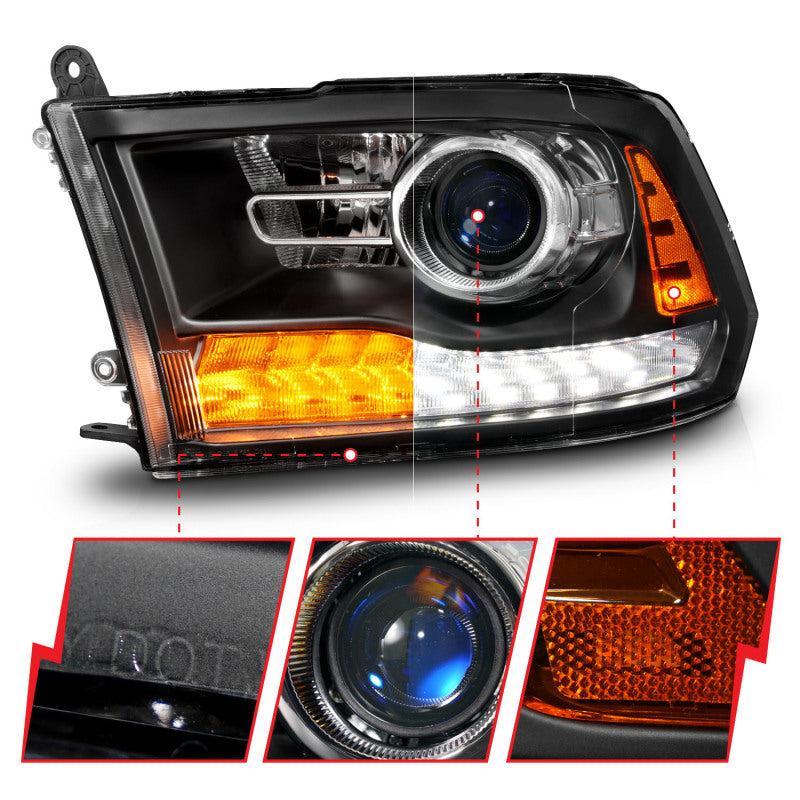 ANZO 09-18 Dodge Ram 1500/2500/3500 LED Plank Style Headlights Switchback + Sequential - Matte Black ANZO Headlights AXOPROS