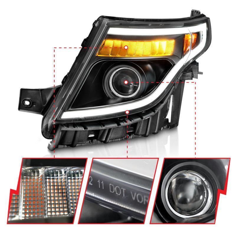 ANZO 11-15 Ford Explorer (w/Factory Halogen HL Only) Projector Headlights w/Light Bar Black Housing ANZO Headlights AXOPROS