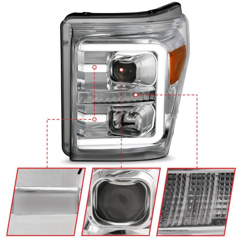 ANZO 11-16 Ford F-250/F-350/F-450 Projector Headlights w/ Plank Style Switchback Chrome w/Amber ANZO Headlights AXOPROS