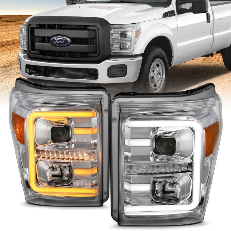 ANZO 11-16 Ford F-250/F-350/F-450 Projector Headlights w/ Plank Style Switchback Chrome w/Amber ANZO Headlights AXOPROS