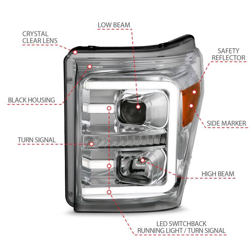 ANZO 11-16 Ford F-250/F-350/F-450 Projector Headlights w/ Plank Style Switchback Chrome w/Amber ANZO Headlights AXOPROS