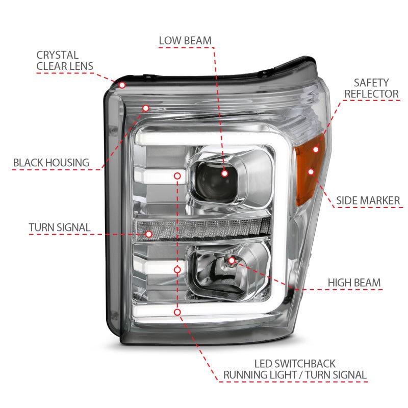 ANZO 11-16 Ford F-250/F-350/F-450 Projector Headlights w/ Plank Style Switchback Chrome w/Amber ANZO Headlights AXOPROS