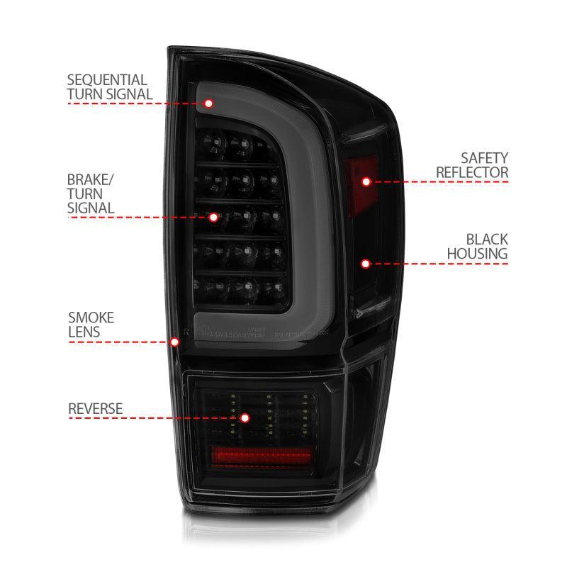 ANZO 16-21 Toyota Tacoma LED Tail Lights - w/ Light Bar Sequential Black Housing & Smoke Lens ANZO Tail Lights  AXOPROS