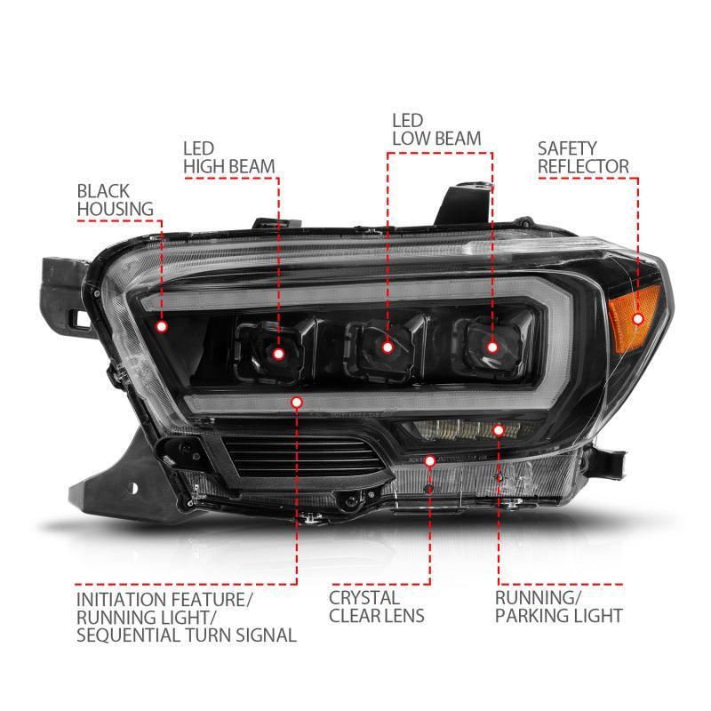 ANZO 16-22 Toyota Tacoma LED Projector Headlights w/ Light Bar Sequential Black Housing w/Initiation ANZO Headlights AXOPROS