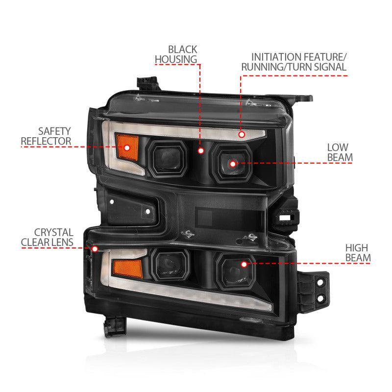 ANZO 19-22 Chevrolet Silverado 1500 LED Proj HL w/Lgt Bar SwBk Seq. Blk w/In. Light - Passenger Side ANZO Headlights AXOPROS