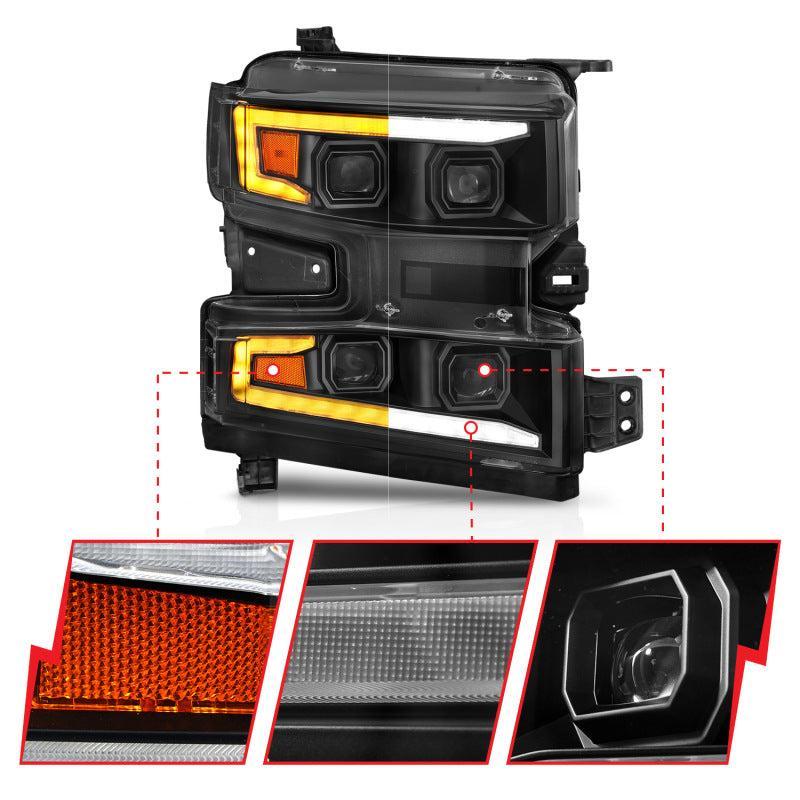 ANZO 19-22 Chevrolet Silverado 1500 LED Proj HL w/Lgt Bar SwBk Seq. Blk w/In. Light - Passenger Side ANZO Headlights AXOPROS