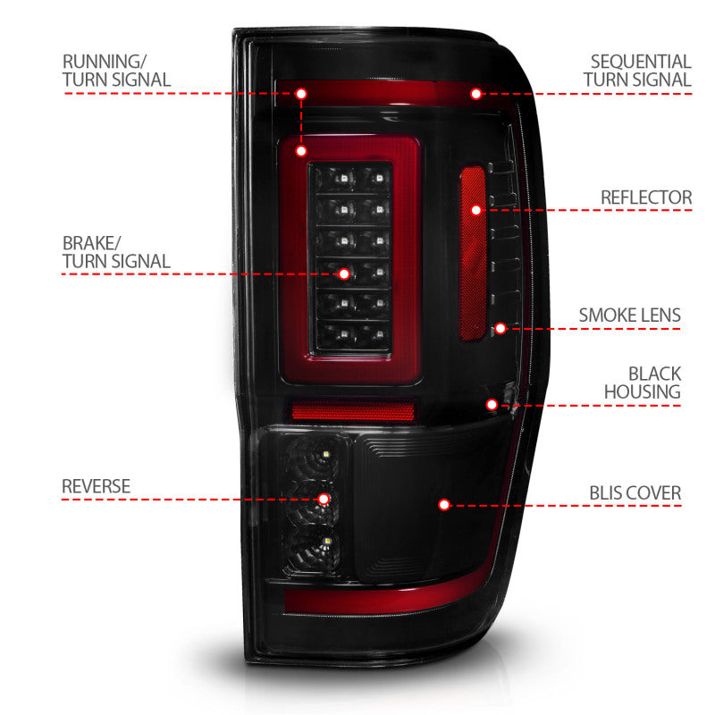 ANZO 19-22 Ford Ranger Full LED Taillights w/ Lightbar Sequential Signal Black Housing/Smoke Lens ANZO Tail Lights  AXOPROS