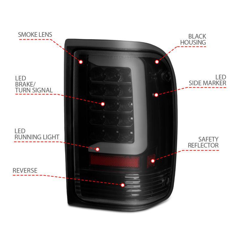 ANZO 1993-1997 Ford Ranger LED Tail Lights w/ Light Bar Black Housing Smoked Lens ANZO Tail Lights AXOPROS