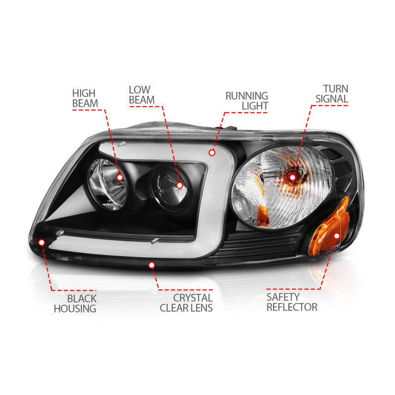 ANZO 1997-2003 Ford F-150 Projector Headlights w/ Light Bar Black Housing ANZO Headlights AXOPROS