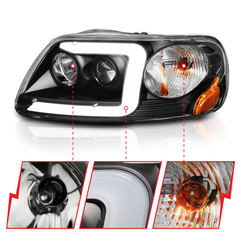 ANZO 1997-2003 Ford F-150 Projector Headlights w/ Light Bar Black Housing ANZO Headlights AXOPROS
