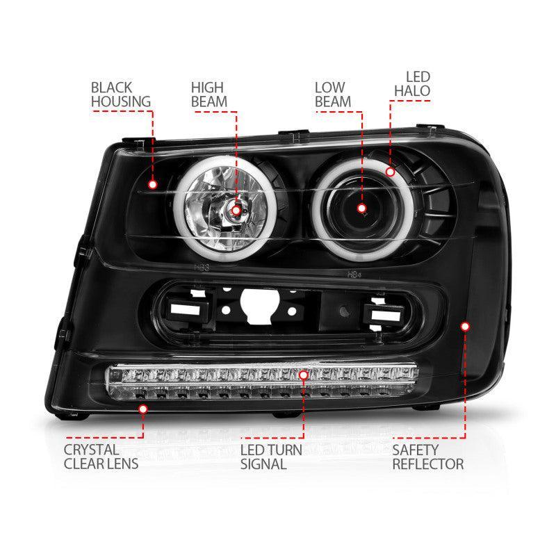 ANZO 2002-2009 Chevrolet Trailblazer Projector Headlights w/ Halo Black ANZO Headlights AXOPROS