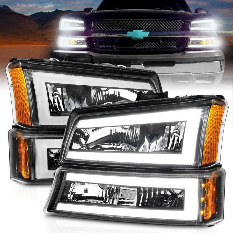 ANZO 2003-2006 Chevrolet Silverado 1500 Crystal Headlights w/ Light Bar Black Housing ANZO Headlights AXOPROS
