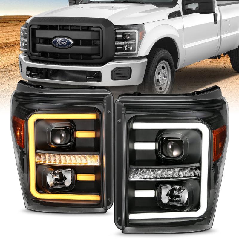 ANZO 2011-2016 Ford F250 Projector Headlights w/ Plank Style Switchback Black w/ Amber ANZO Headlights AXOPROS
