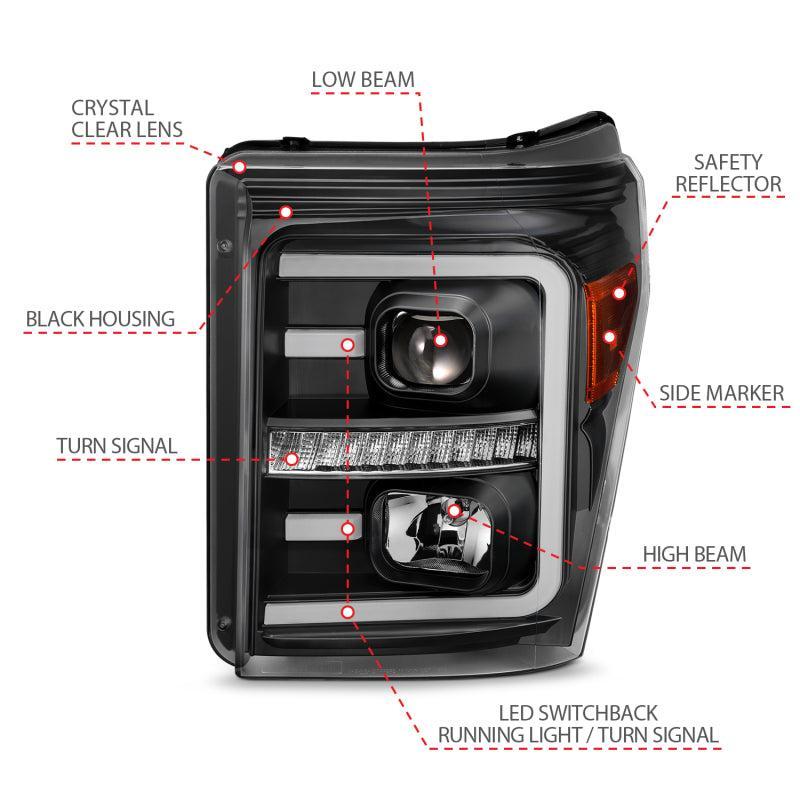 ANZO 2011-2016 Ford F250 Projector Headlights w/ Plank Style Switchback Black w/ Amber ANZO Headlights AXOPROS