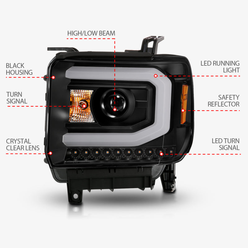 ANZO 2014-2015 GMC Sierra 1500 Projector Headlights w/ Light Bar Black Housing (Halogen Type) ANZO Headlights AXOPROS