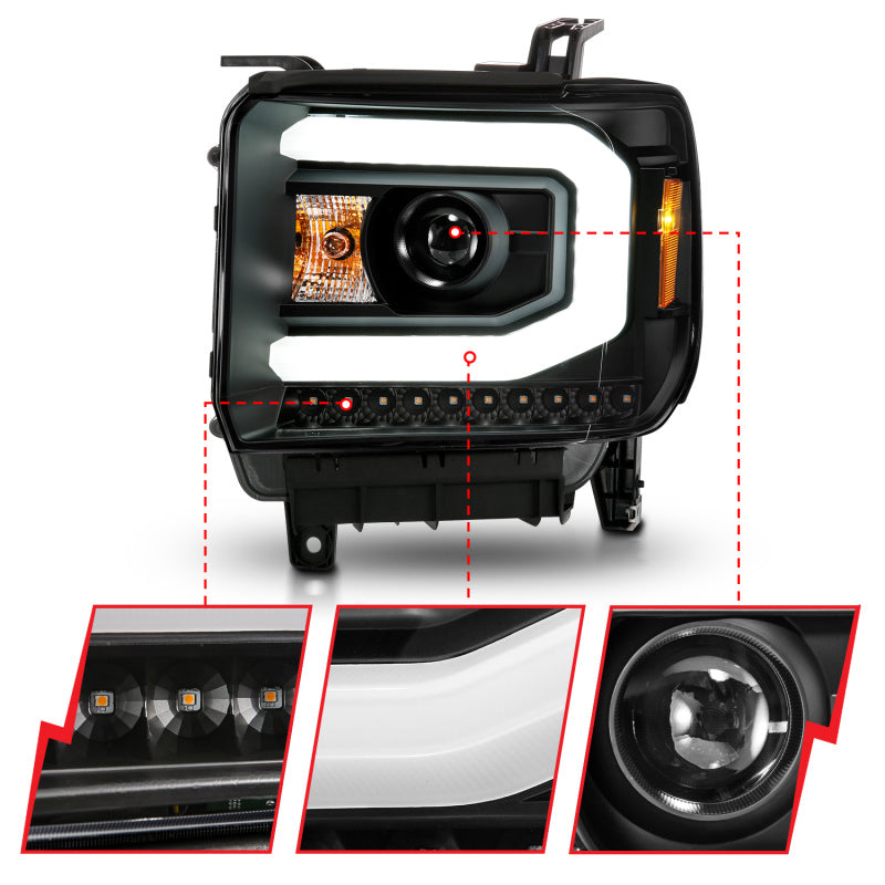 ANZO 2014-2015 GMC Sierra 1500 Projector Headlights w/ Light Bar Black Housing (Halogen Type) ANZO Headlights AXOPROS
