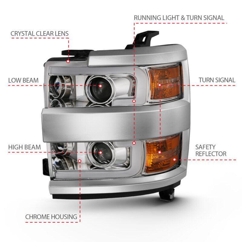 ANZO 2015-2016 Chevrolet Silverado Projector Headlights w/ Plank Style Design Chrome w/ Amber ANZO Headlights AXOPROS