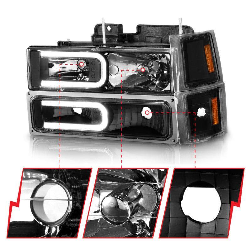 ANZO 88-98 Chevrolet C1500 Crystal Headlights w/ Light Bar Black Housing w/ Signal Side Markers 8Pcs ANZO Headlights AXOPROS