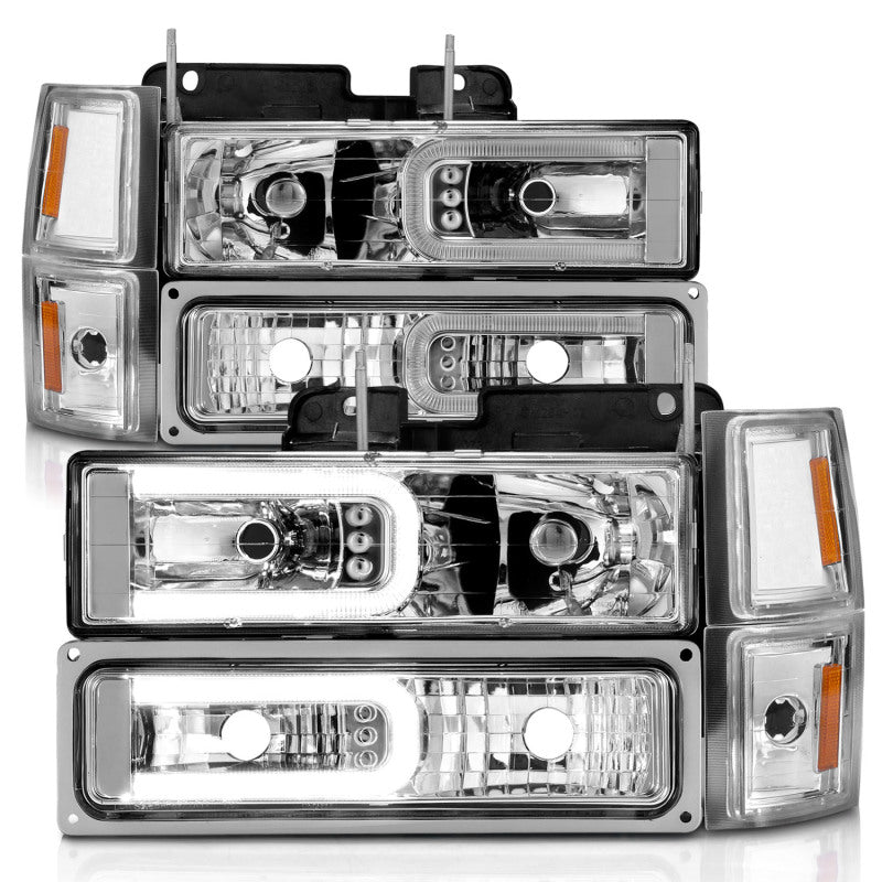 ANZO 88-98 Chevrolet C1500 Crystal Headlights w/Light Bar Chrome Housing w/ Signal Side Markers 8Pcs ANZO Headlights AXOPROS