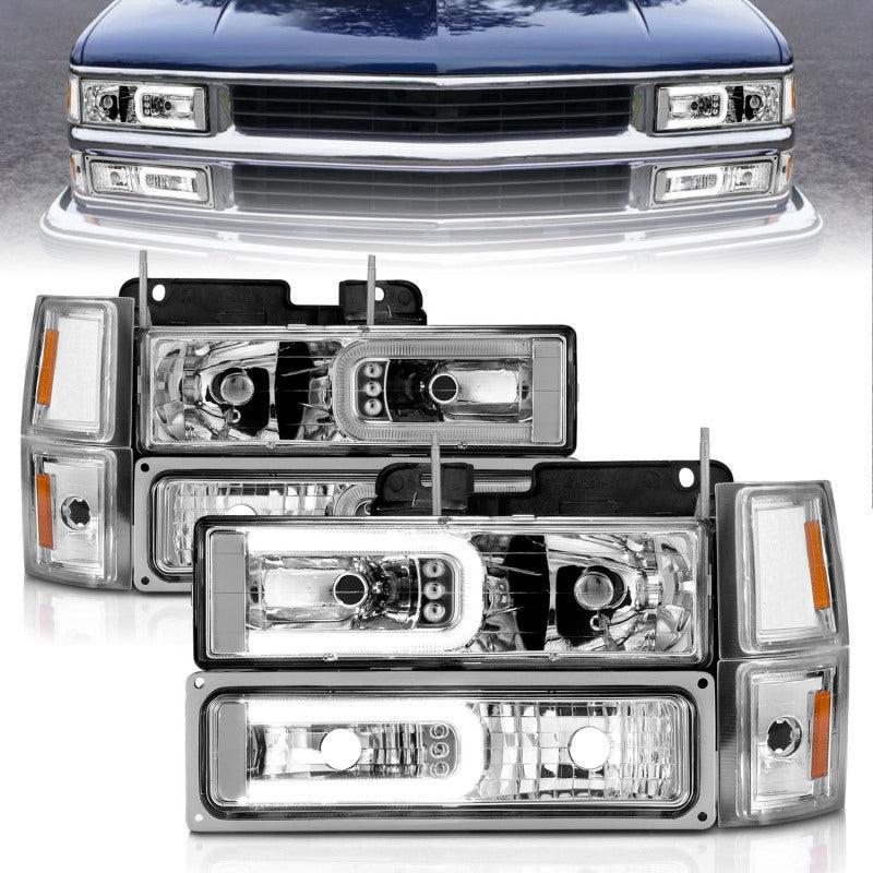 ANZO 88-98 Chevrolet C1500 Crystal Headlights w/Light Bar Chrome Housing w/ Signal Side Markers 8Pcs ANZO Headlights AXOPROS