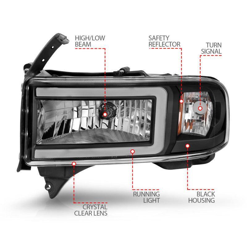 ANZO 94-02 Dodge RAM Crystal Headlight - w/ Light Bar Black Housing ANZO Headlights AXOPROS