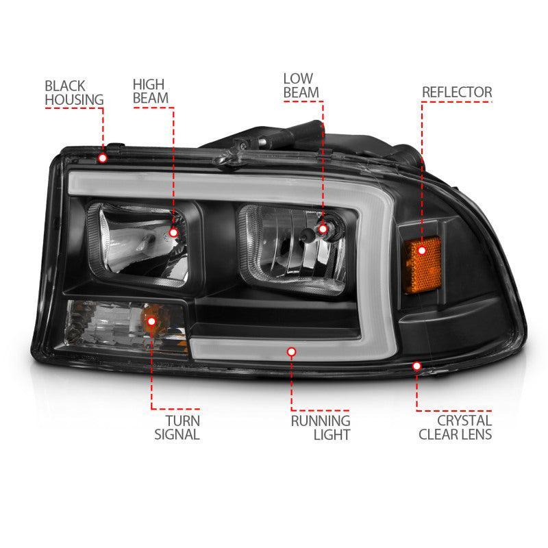 ANZO 97-04 Dodge Dakota/Durango Crystal headlight Set w/ Light Bar Black Housing ANZO Headlights AXOPROS