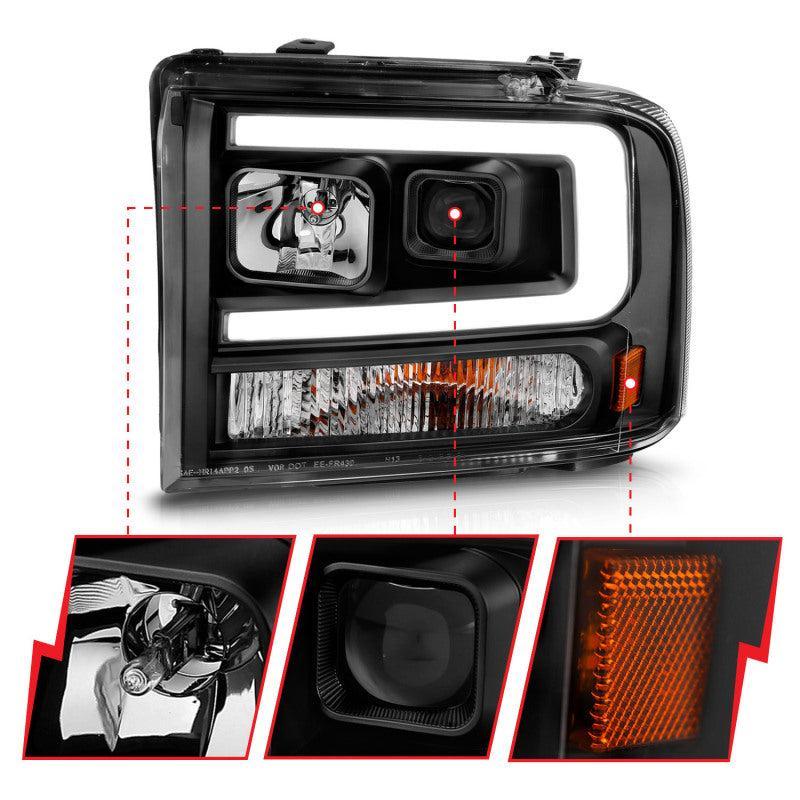 ANZO 99-04 Ford F250/F350/F450/Excursion (excl 99) Projector Headlights - w/ Light Bar Black Housing ANZO Headlights AXOPROS