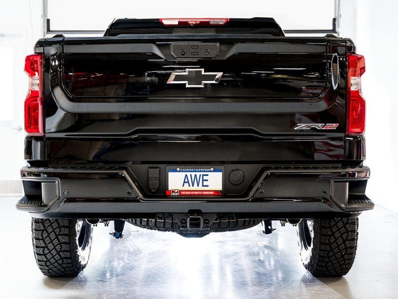 AWE Tuning 22-23 GMC Sierra 1500 AT4X 6.2L 0FG Catback Split Dual (Flat Bumper) - Bashguard(No Tips) AWE Tuning Catback AXOPROS