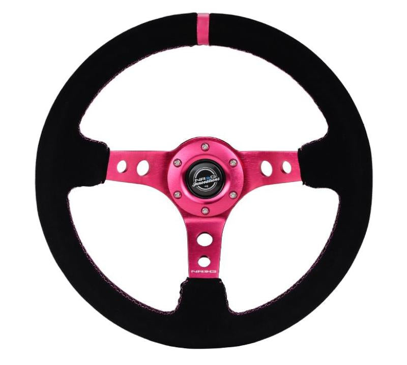 NRG NRG Reinforced Steering Wheel (350mm/ 3in. Deep) Black Suede/ Fushia Center Mark/ Fushia Stitching Steering Wheels aftermarket performance part