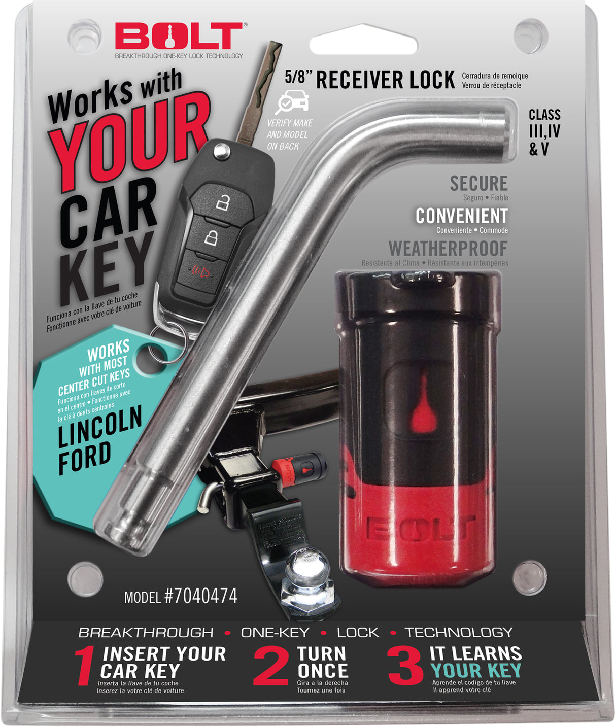 BOLT 5/8 In. Receiver Lock Ford Center Cut BOLT Trailer Hitch Lock AXOPROS