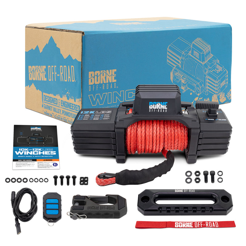 Borne Off-Road 12K Winch - Red Synthetic Rope Borne Off-Road Winches AXOPROS