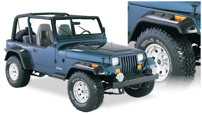Bushwacker 87-95 Jeep Wrangler Cutout Style Flares 4pc Cutting Optional Not Renegade - Black Bushwacker Fender Flares AXOPROS
